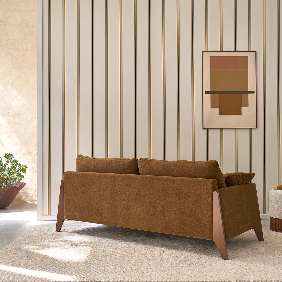 ONDINE - Gerades 3-Sitzer-Sofa aus Massivholz und bronzefarbenem Samtstoff
