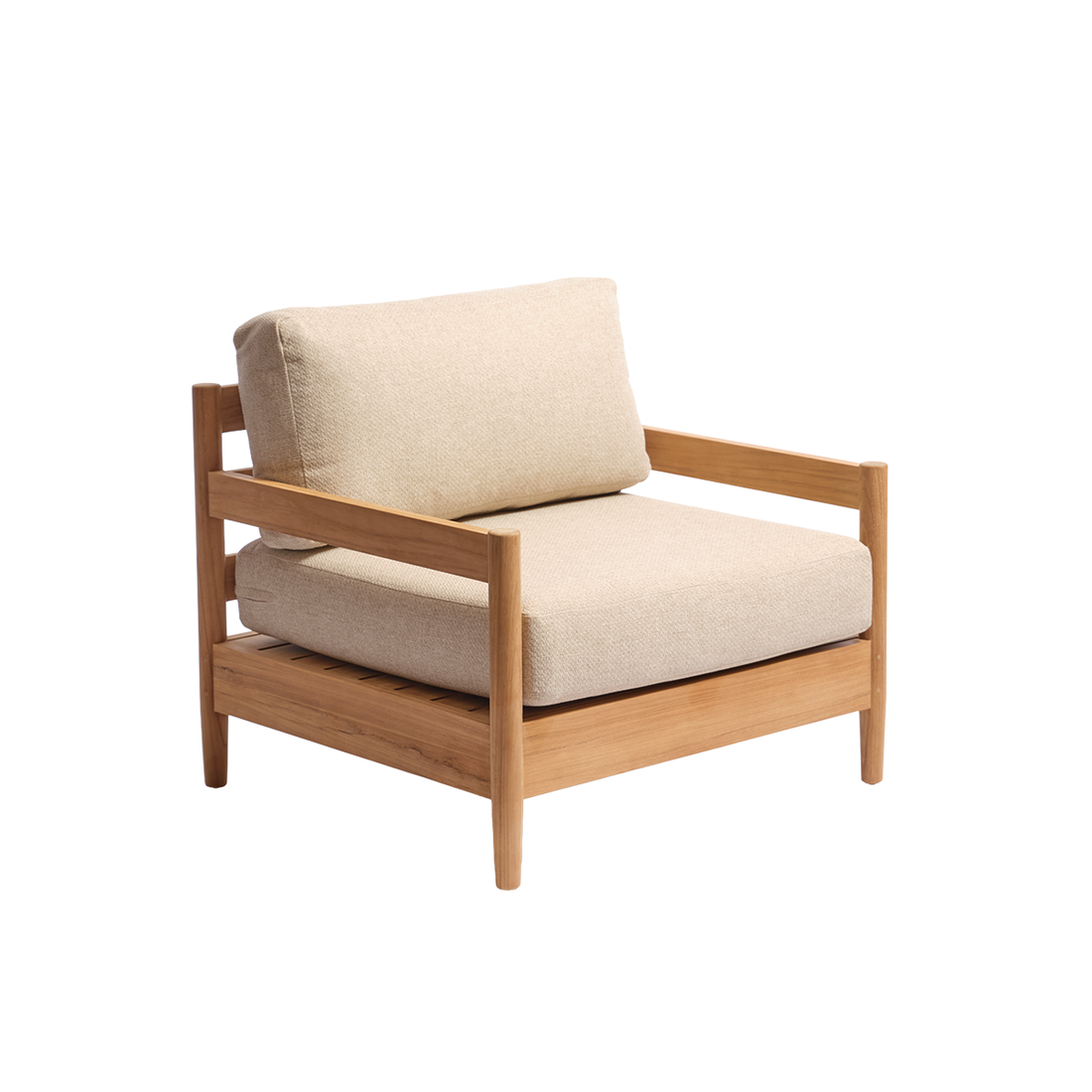 CALVI - Niedriger Gartensessel aus massivem Teakholz mit beige melierten Kissen