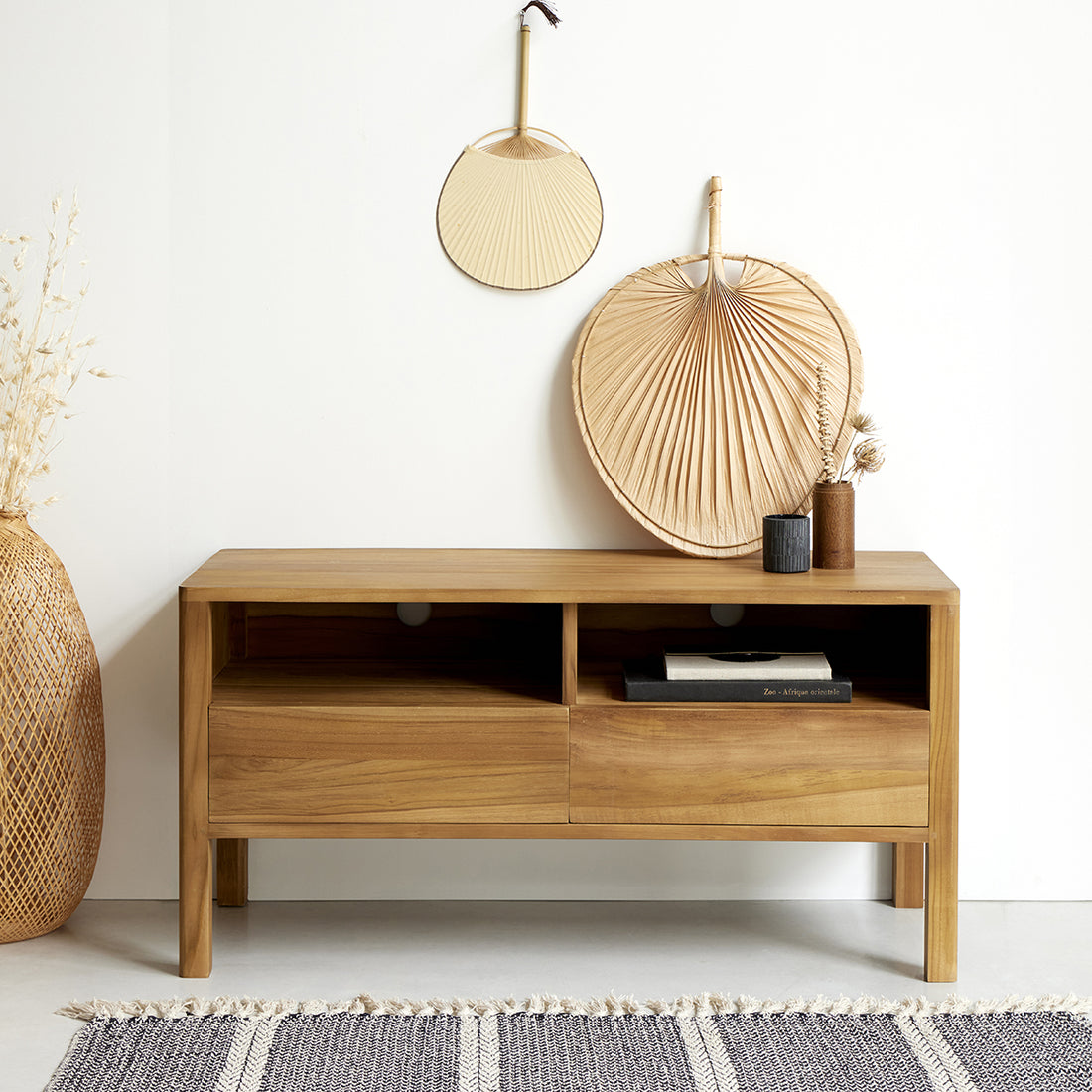 NIDO - TV-Möbel aus massivem Teakholz 2 Schubladen 100 cm