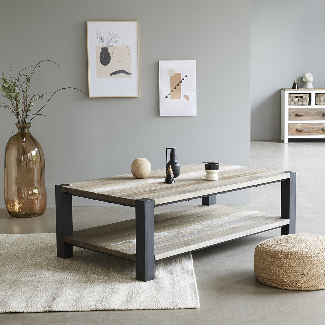 INDUS - Rechteckiger Couchtisch aus massivem recycelten Holz und Metall 140