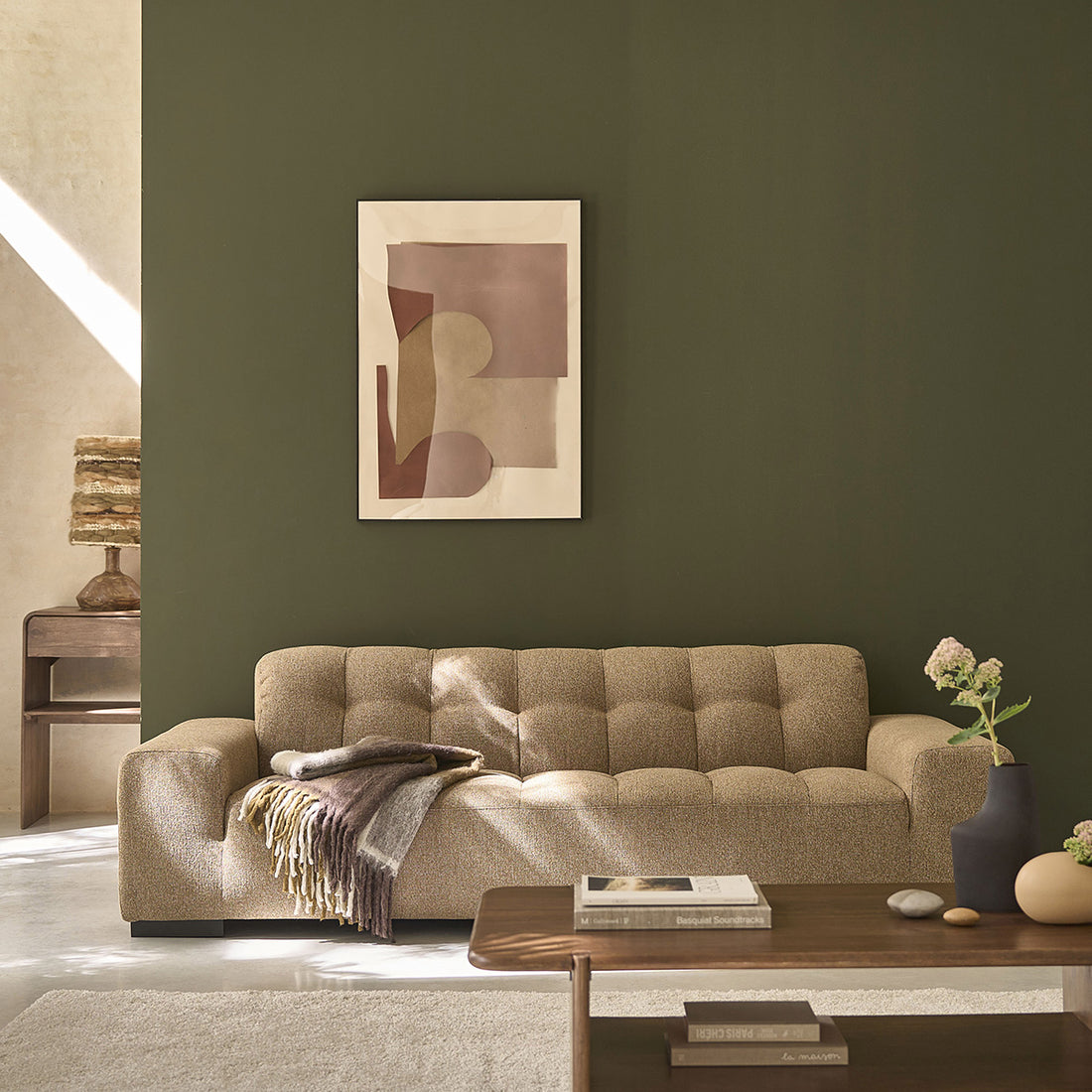 ALPHONSE - Gerades 4-Sitzer-Sofa aus hellbraun meliertem Strukturstoff