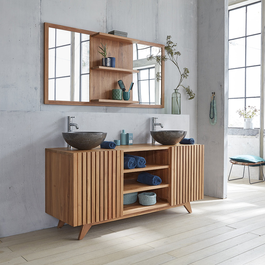 RIO - Waschtischunterschrank aus massivem Teakholz 160 cm mit Latten