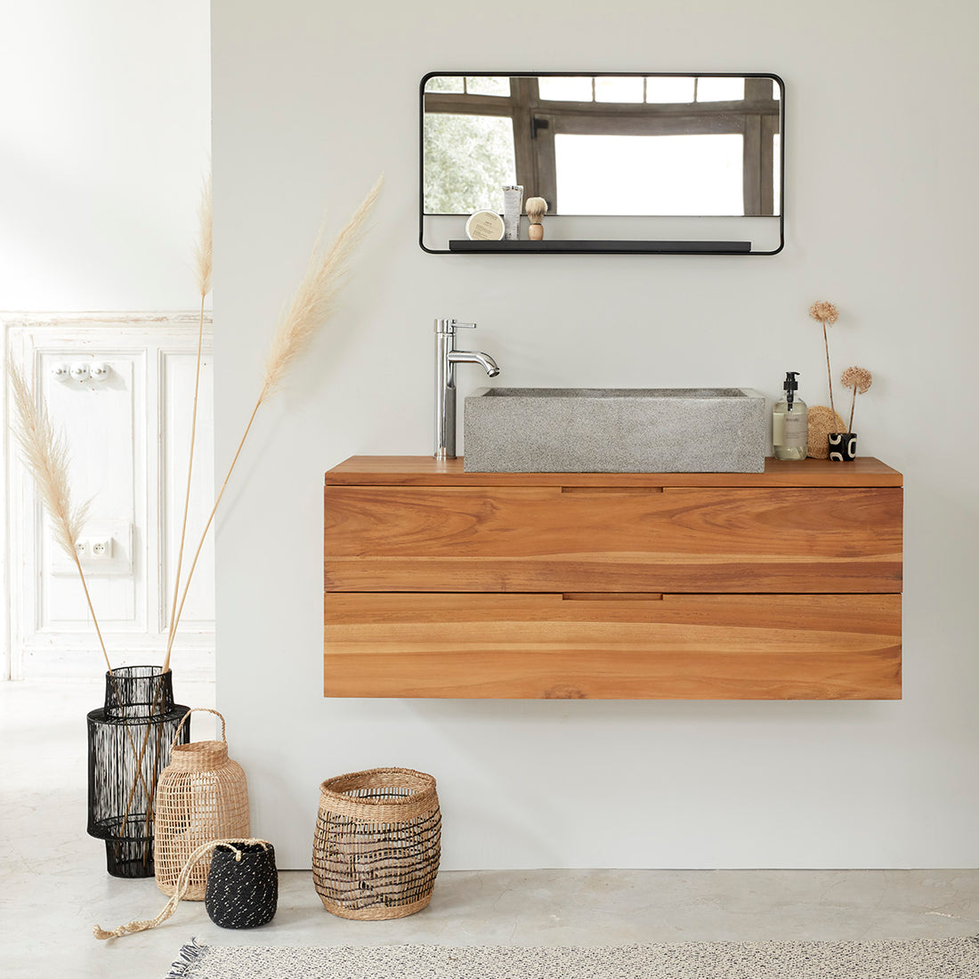 MAË - Hängender Waschtischunterschrank aus massivem Teakholz 115 cm