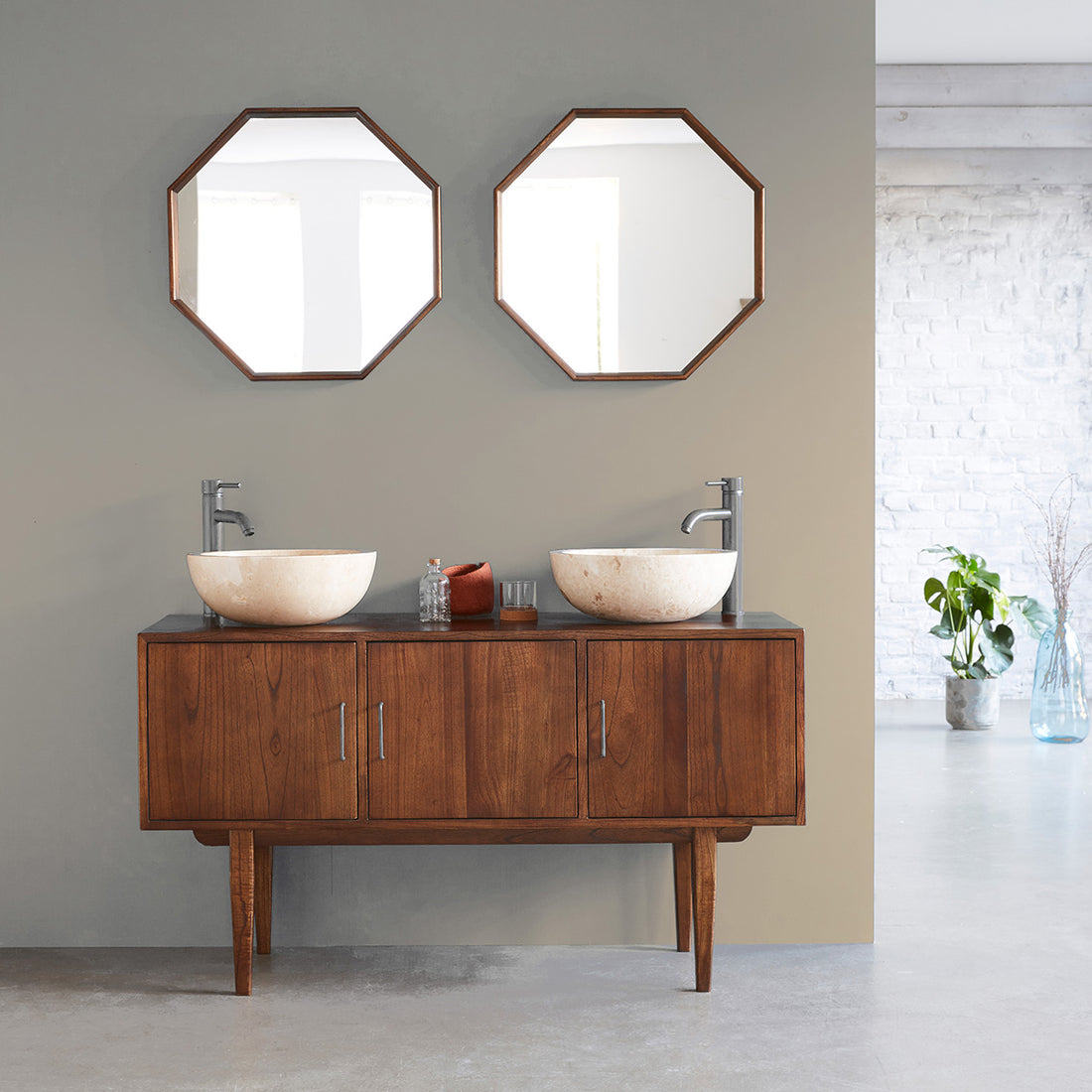 VINTAGE - Badezimmermöbel aus massivem Mindi 135 cm Doppelplatte 