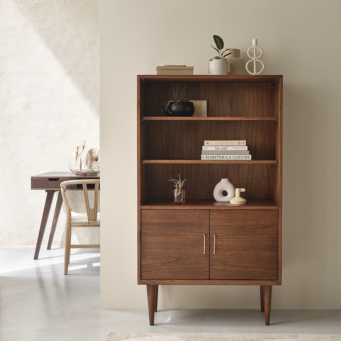 VINTAGE - Bücherregal aus massivem Mindi in Walnuss-Finish 85 cm 