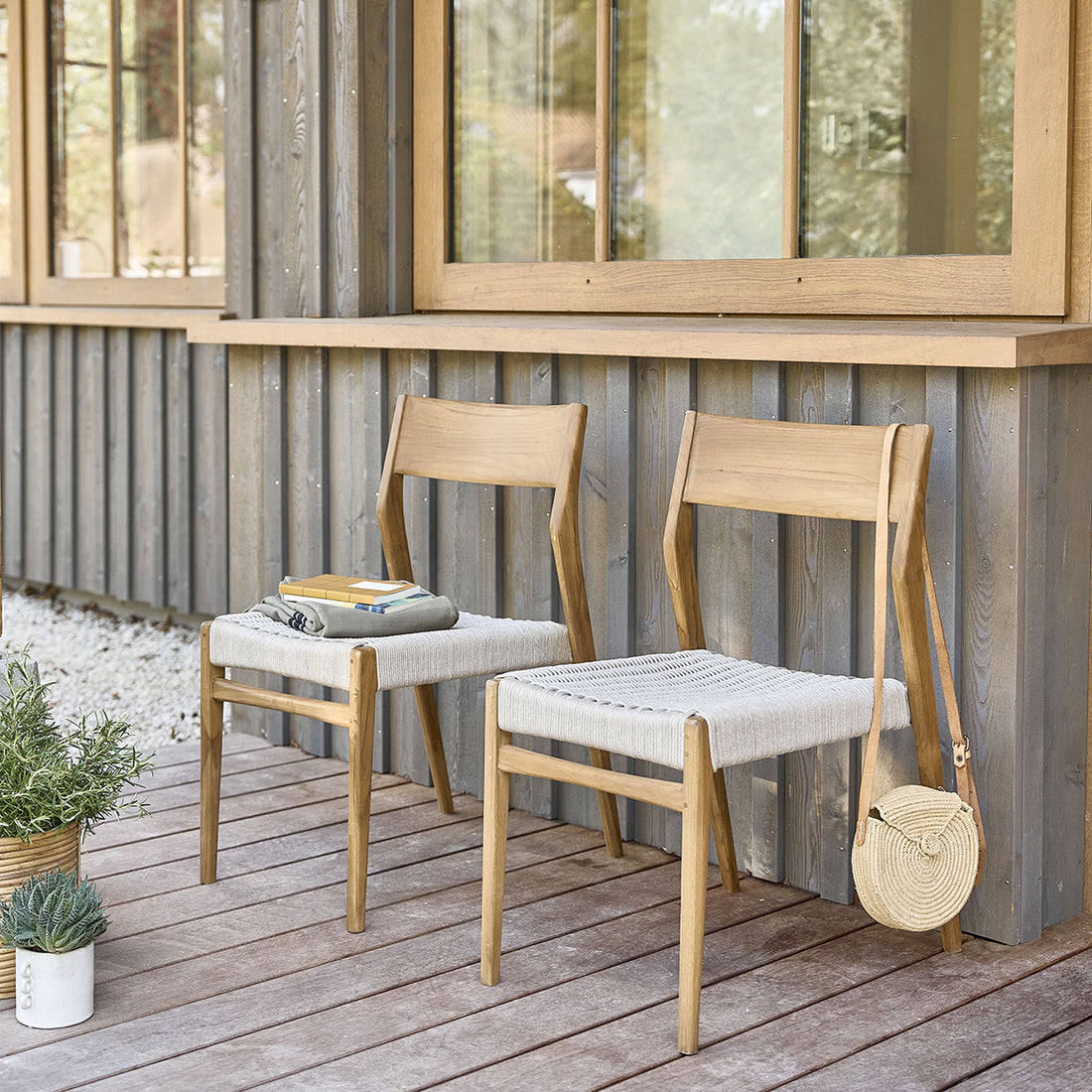 LIVIE - Gartenstuhl massives Teakholz und beigem Seil ( 2er Set ) 