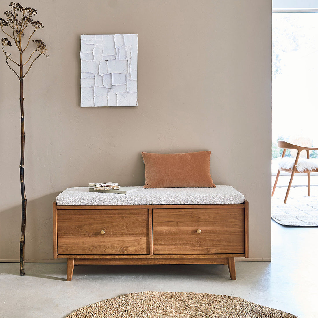 SERENE - Bank aus massivem Teakholz und Bouclé-Stoff 120 cm 