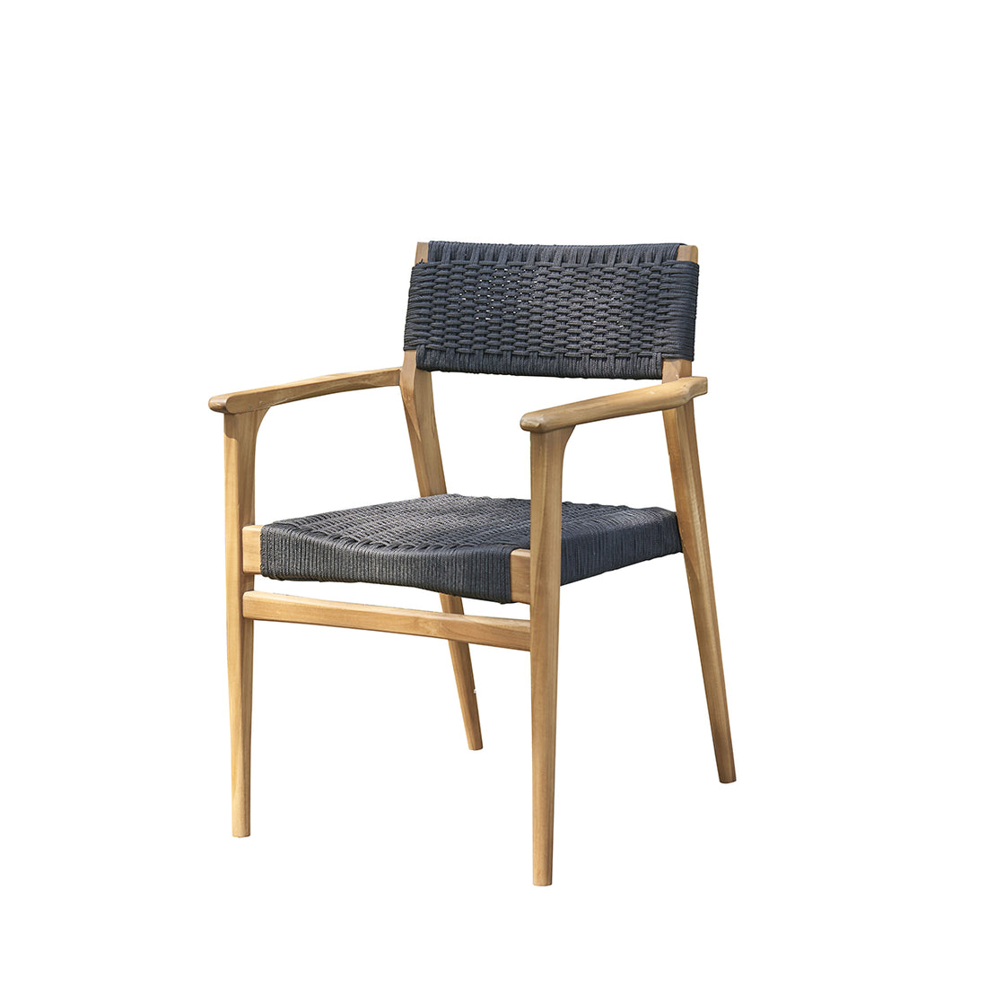 Sessel aus massivem Teakholz und schwarzem Tauwerk.