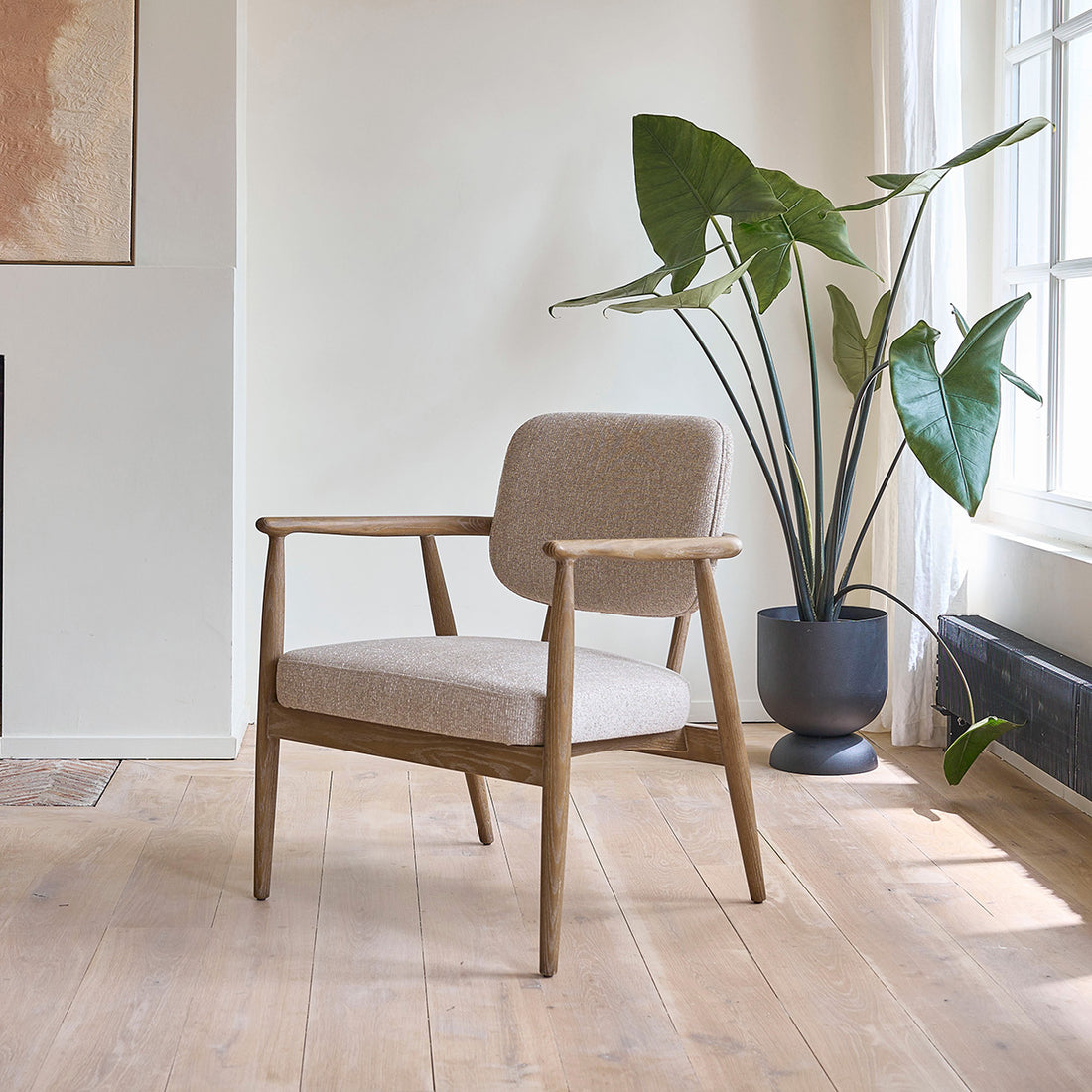 EUGÈNE - Sessel aus Eichenholz und strukturiertem Stoff, cremefarben