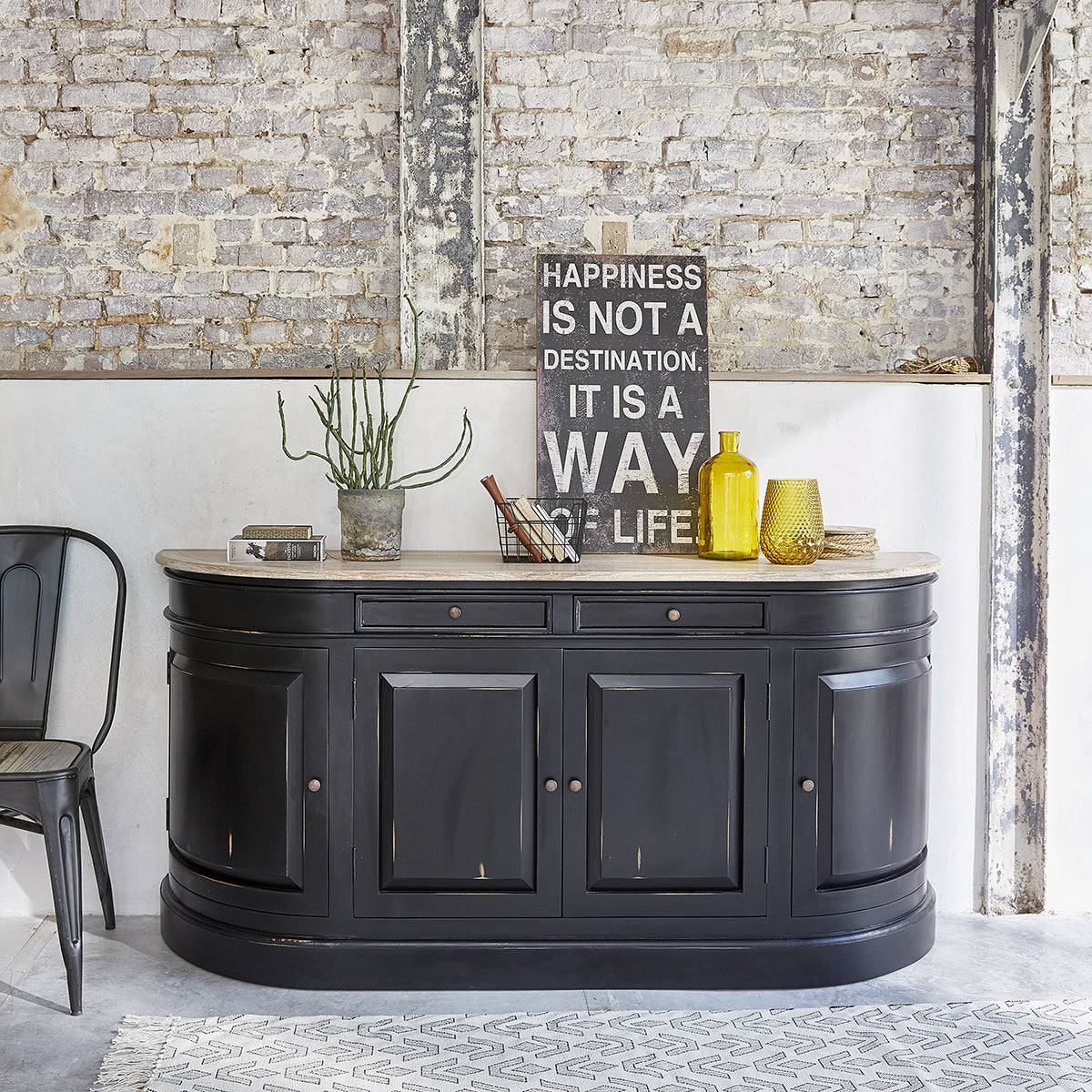 LONDRES - Sideboard aus Mahagoni und massivem Teakholz, 180 cm, schwarz
