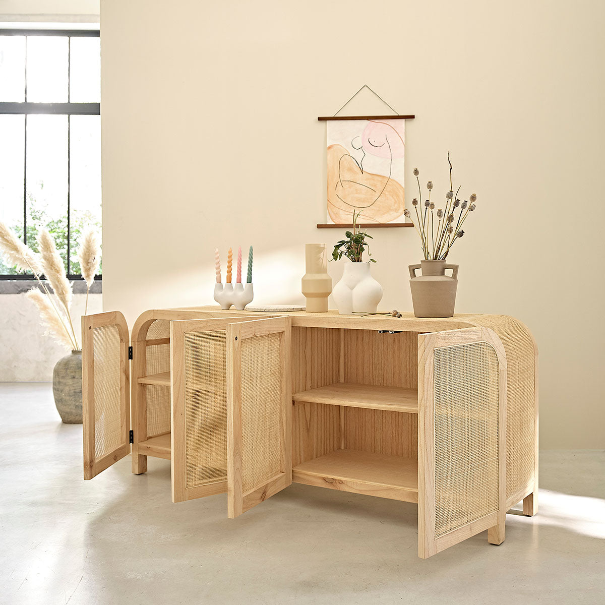 MAËL - Buffet aus massivem Mindi und Rohrgeflecht 190 cm