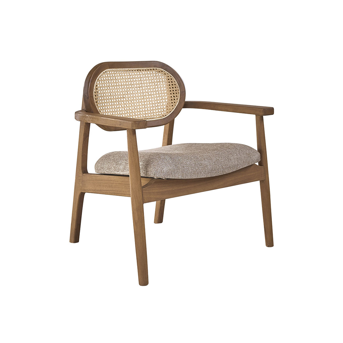 SABI - Sessel aus massivem Teakholz, Rohrgeflecht und Stoff in Greige (Kombination aus grau und beige)