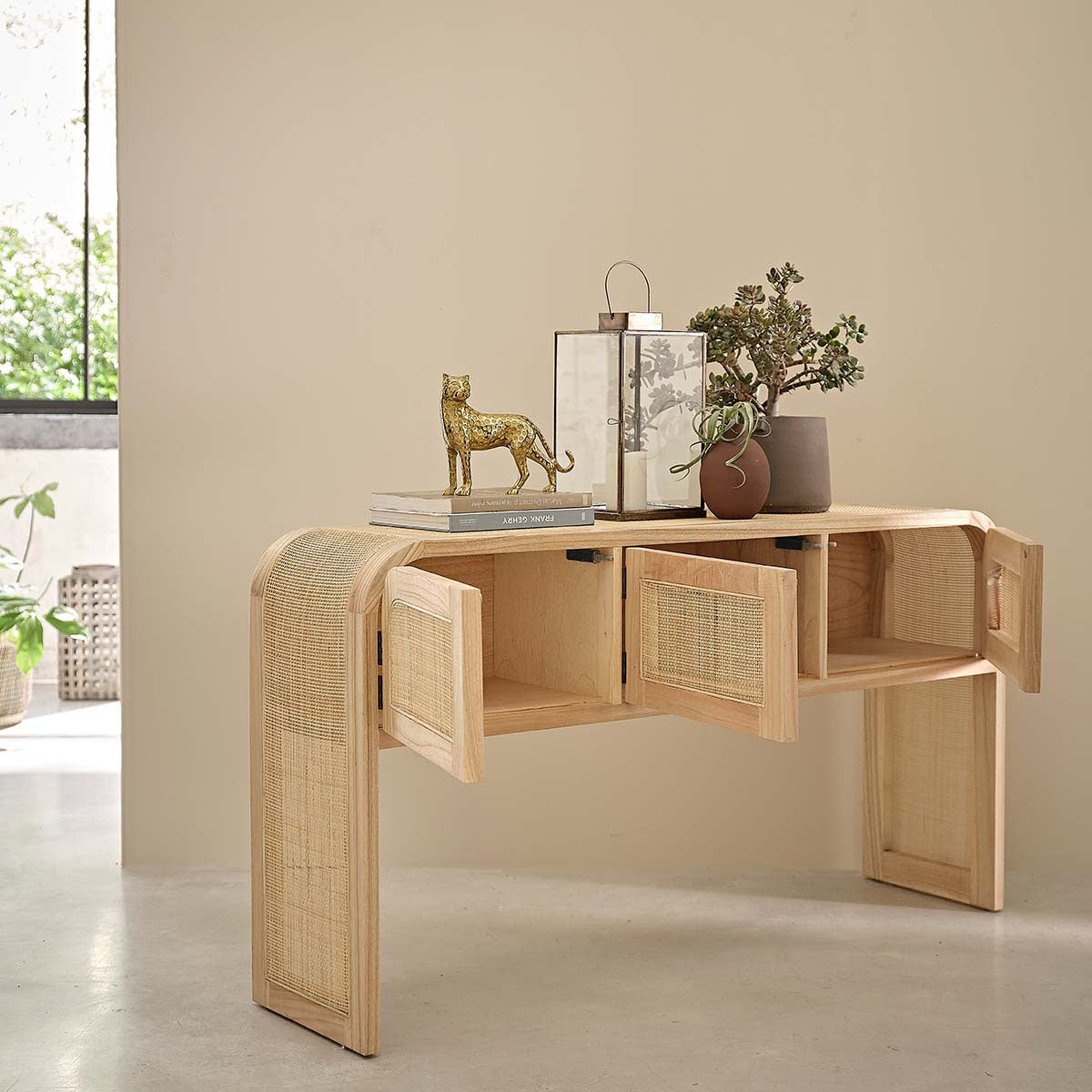 MAËL - Konsole aus massivem Mindi und Rohrgeflecht 140 cm