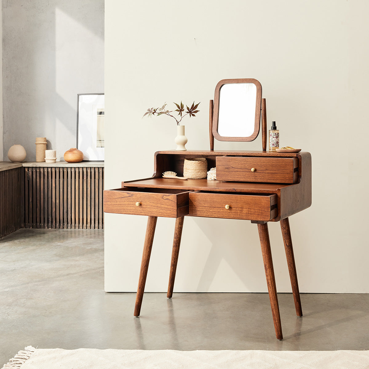 VINTAGE - Coiffeuse en mindi massif finition noyer 90 cm