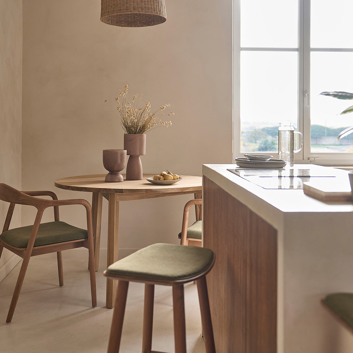 AMBRE - Hocker aus massivem Teakholz und Sitzfläche aus Cord 65 cm