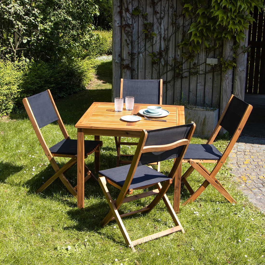 HANOÏ - Gartenlounge massive FSC-Akazie und schwarzem Texilene 4 Sitze 