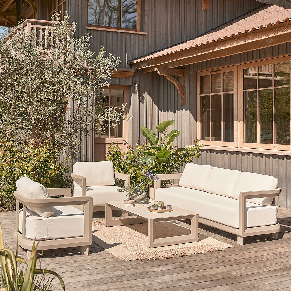 CALIZA - Salon de jardin bas en aluminium taupe 5 pers.