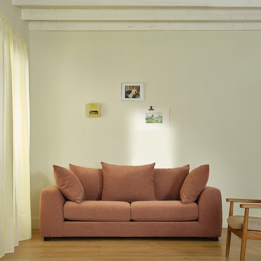 EDMOND - Gerades 3-Sitzer-Sofa aus terrakottafarbenem Stoff in Leinenoptik