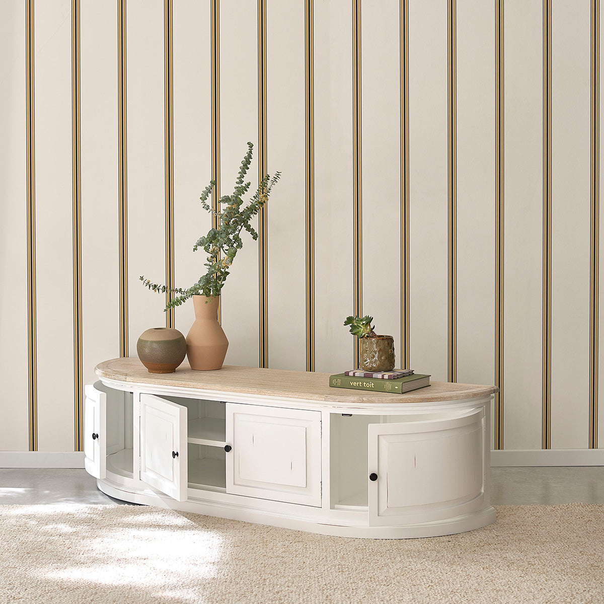 LONDRES - Meuble TV en bois d'acajou et teck blanc 160 cm