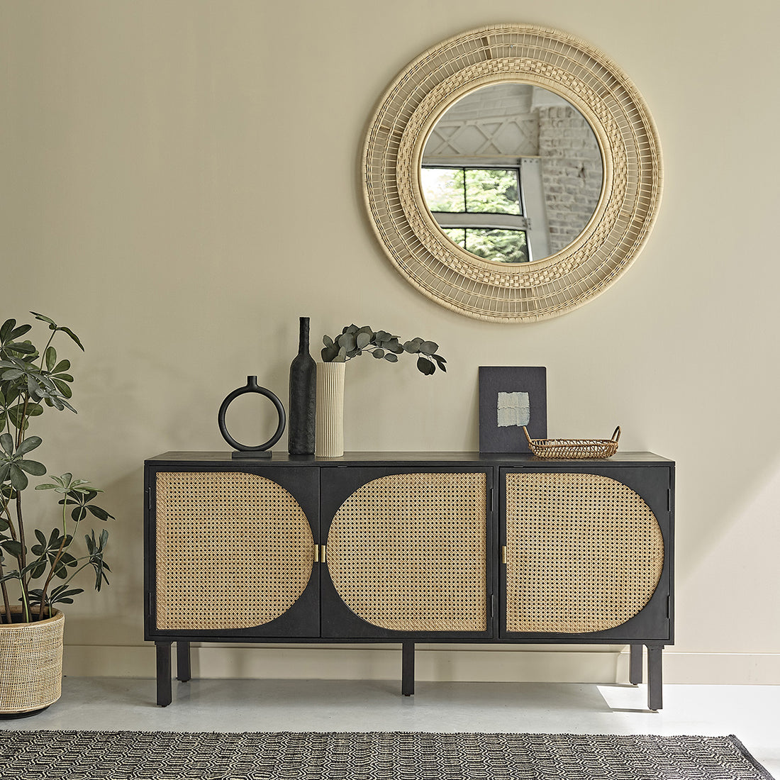 ZULMA - Buffet aus massivem Mangoholz und Rohrgeflecht 160 cm