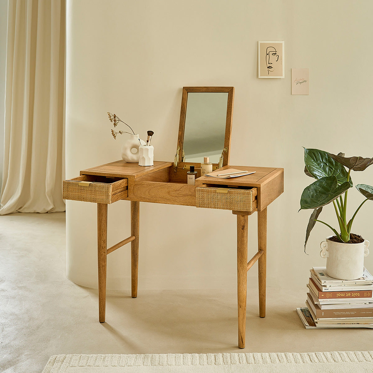 FELICIE - Schminktisch aus massivem Mangoholz und mit Rohrgeflecht 90 cm