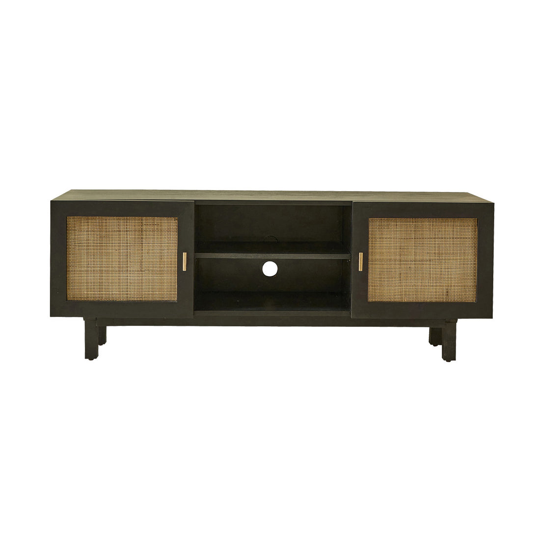 BLAISE - TV-Möbel aus massivem Mangoholz, schwarz und Rohrgeflecht 120 cm 