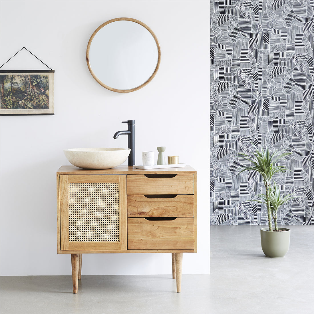 HANA - Waschtischunterschrank aus massivem Mindi und mit Rohrgeflecht 85 cm