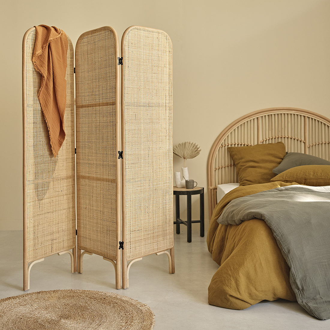 JANE - Wandschirm aus Rattan und Rohrgeflecht 3 Tafeln