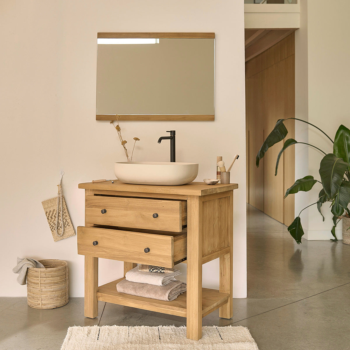 NAHELE - Waschbeckenunterschrank aus massivem recyceltem Teakholz 82 cm