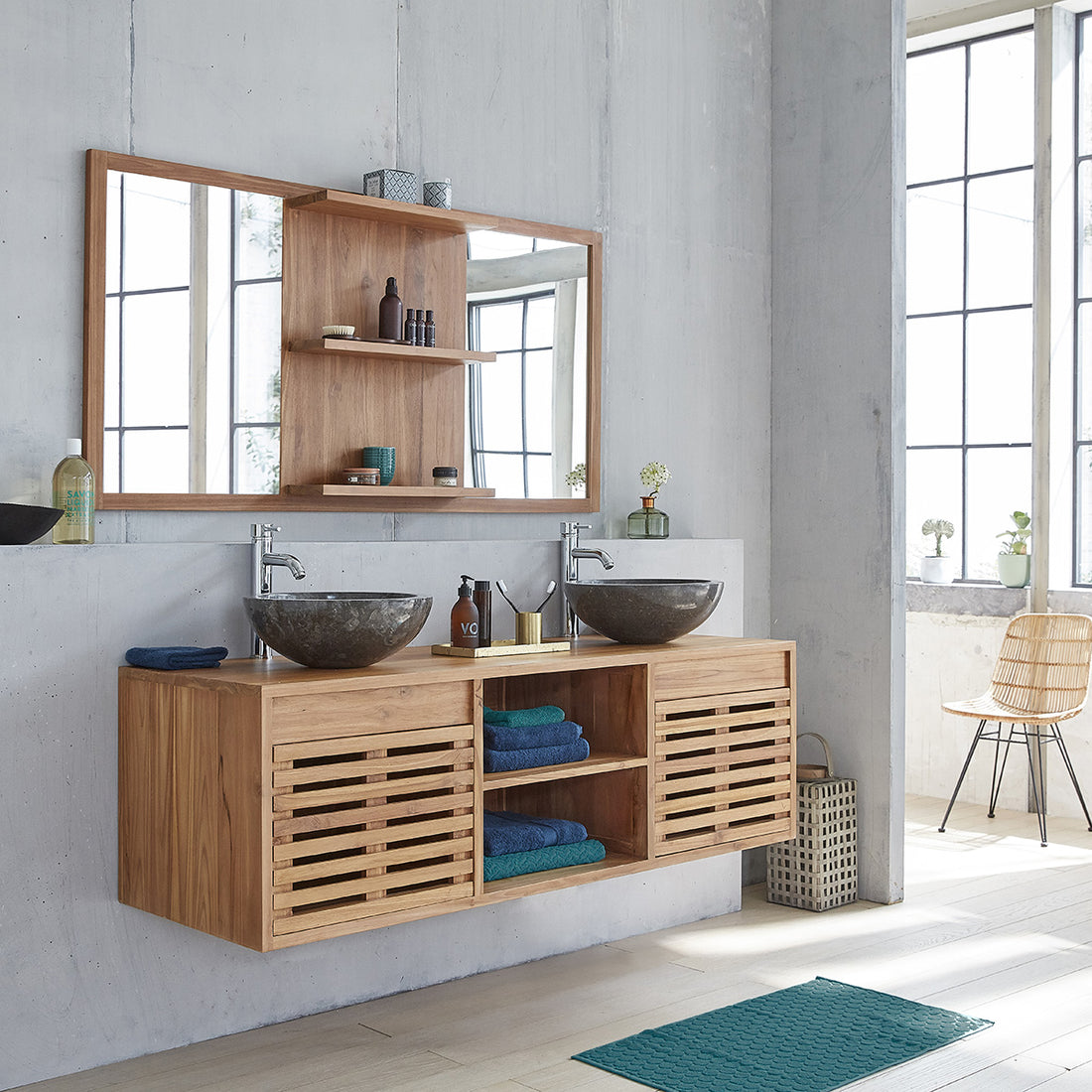 RIO - Waschtischunterschrank aus massivem Teakholz hängend 160 cm