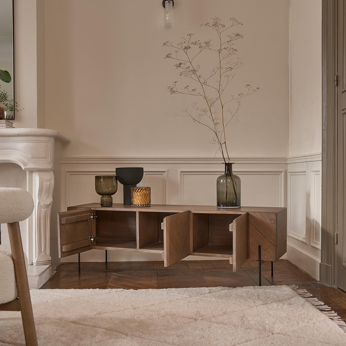 CALIX - Meuble TV en mindi massif et métal finition noyer 160 cm