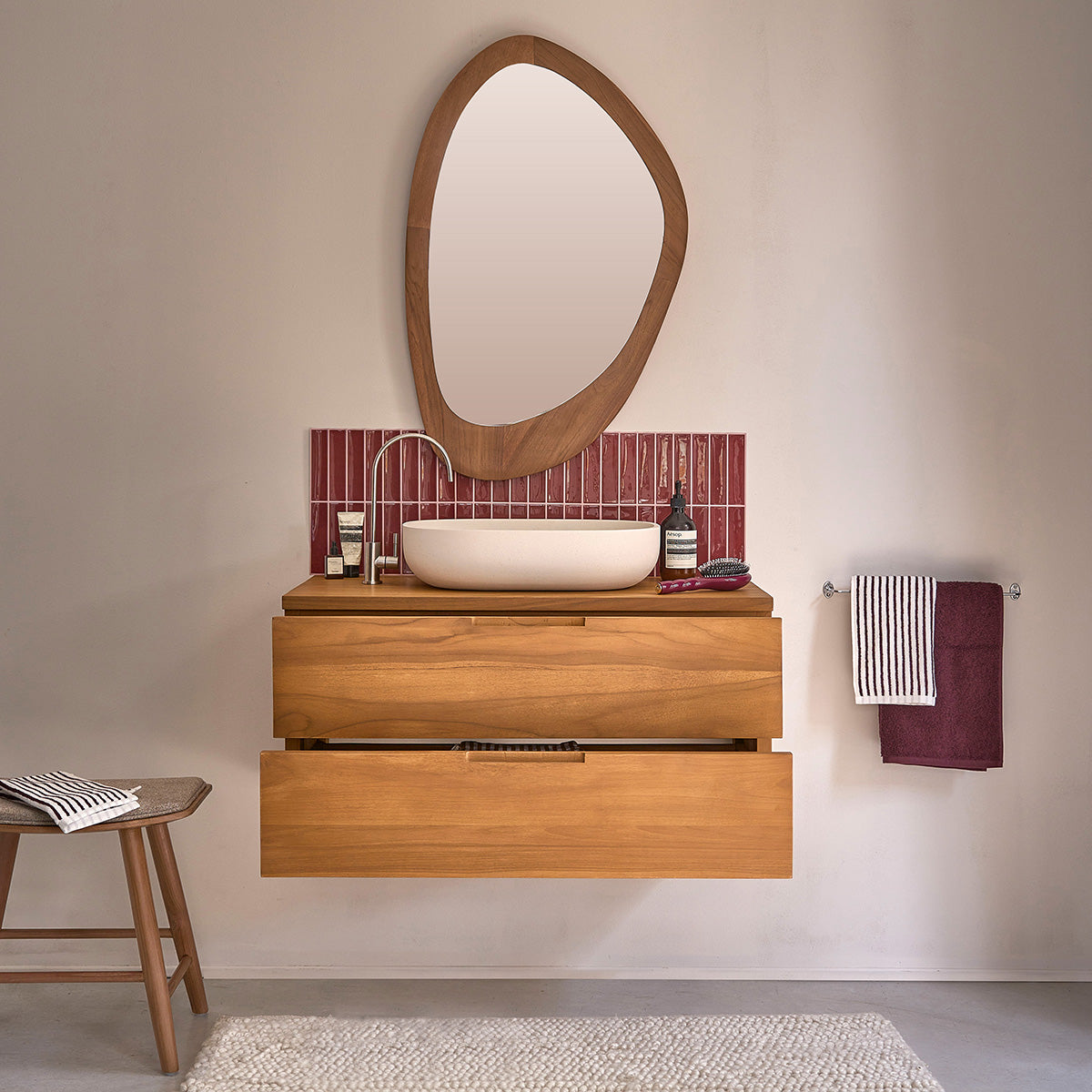 MAË - Waschtischunterschrank aus massivem Teakholz, hängend, 80 cm