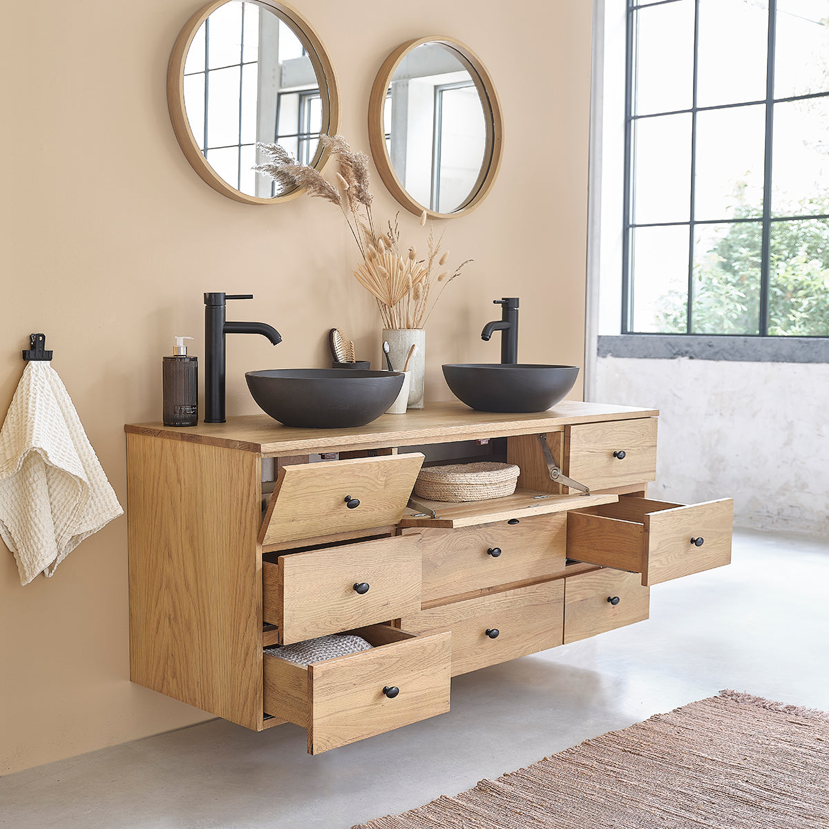 ERNEST - Hängender Waschtischunterschrank aus massiver Eiche 140 cm