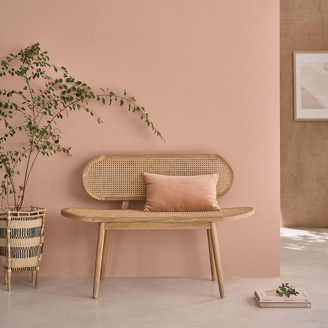 LOÉ - Sitzbank aus massivem Teakholz und Rohrgeflecht 120 cm 