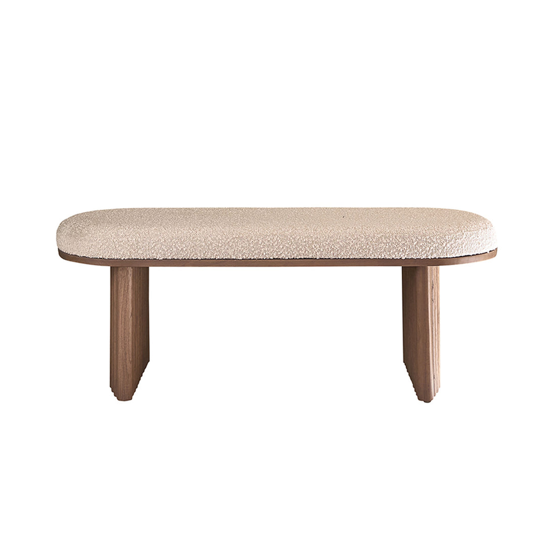 MARLOW - Bank aus massivem Mindi in Walnuss-Finish und Bouclé-Stoff 120 cm