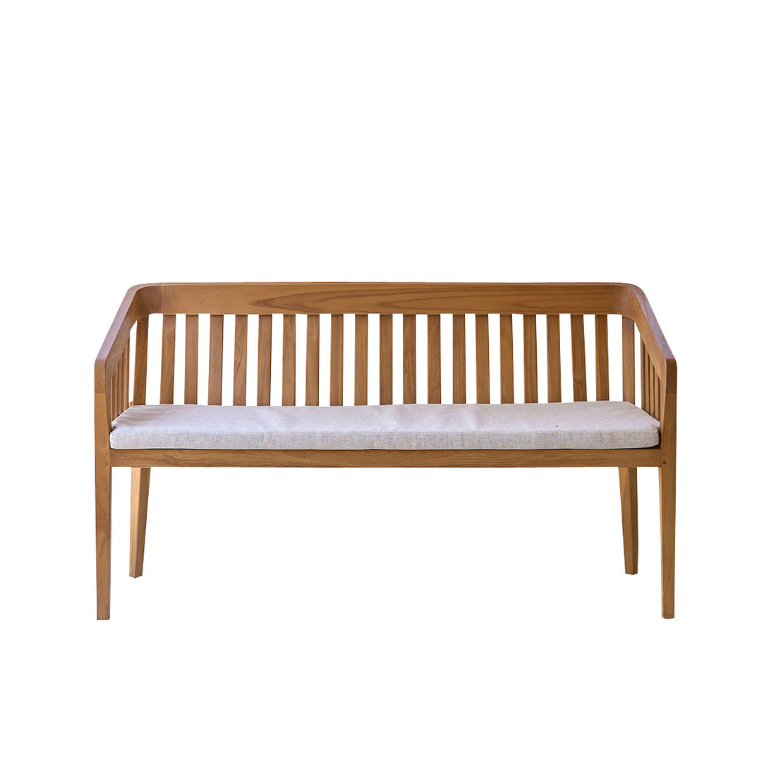 BARI - Abgerundete Gartenbank aus massivem Teakholz 150 cm mit Kissen