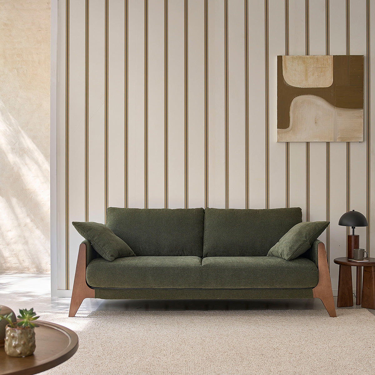 ONDINE - Gerades 3-Sitzer-Sofa aus Massivholz und moosgrünem Samtstoff