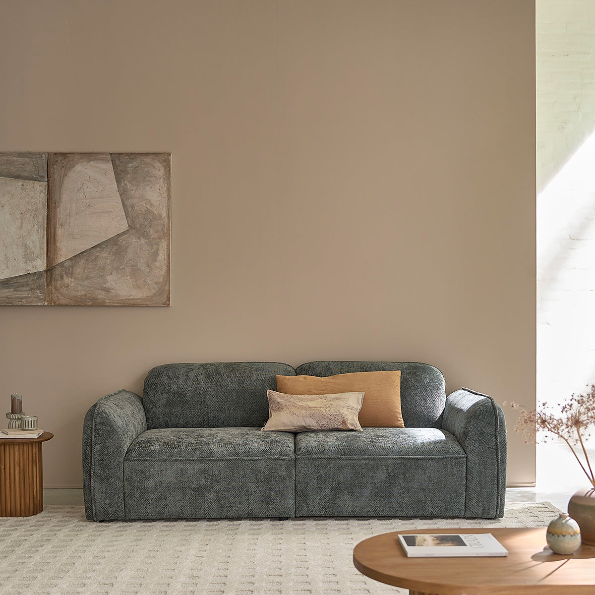 HECTOR - Gerades 3-Sitzer-Sofa aus grün-grauem strukturiertem Samt