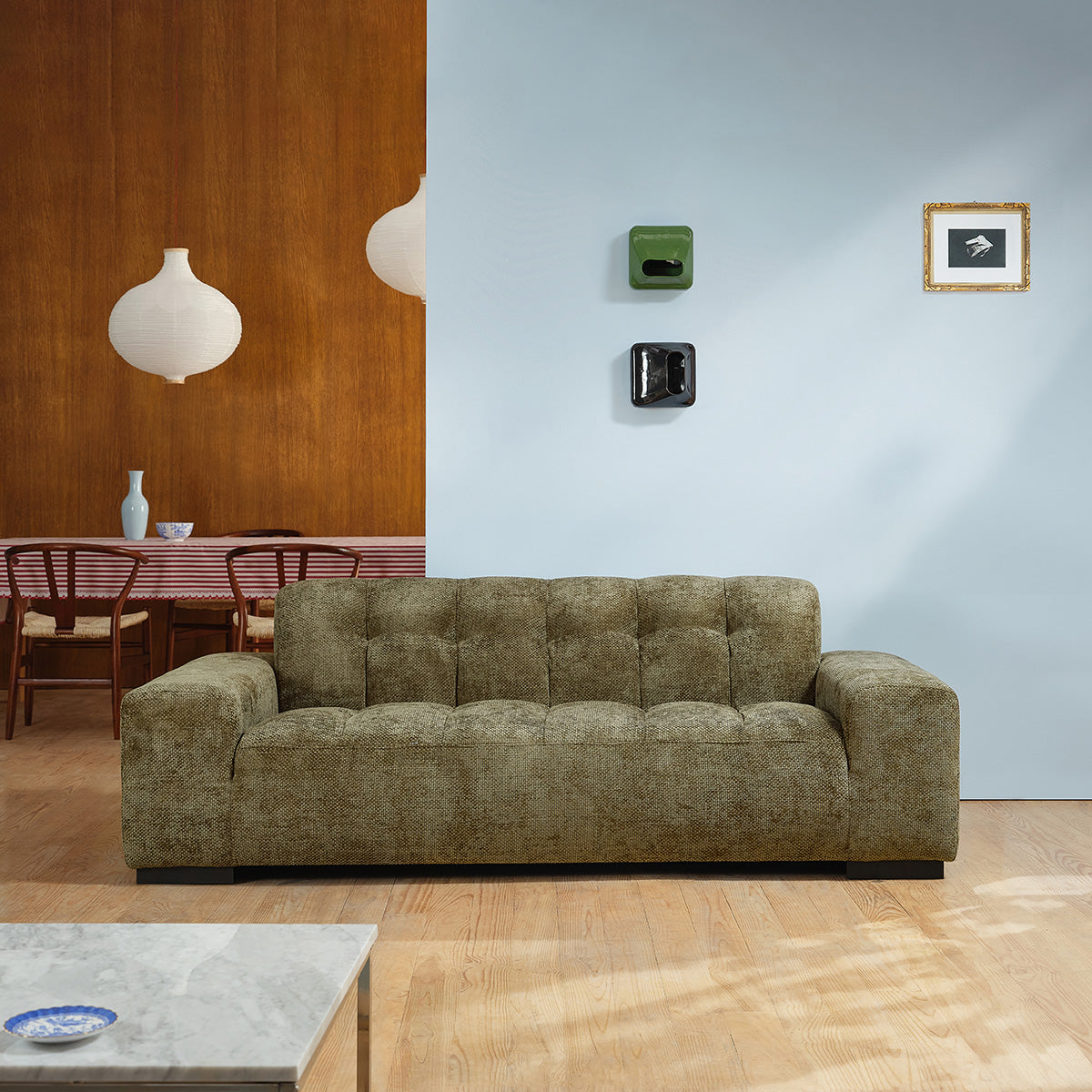 ALPHONSE - Gerades 3-Sitzer-Sofa aus khakifarbenem Geflechtvelours
