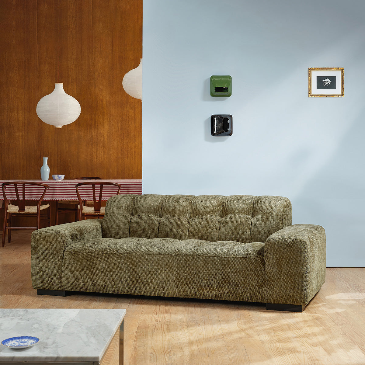 ALPHONSE - Gerades 3-Sitzer-Sofa aus khakifarbenem Geflechtvelours