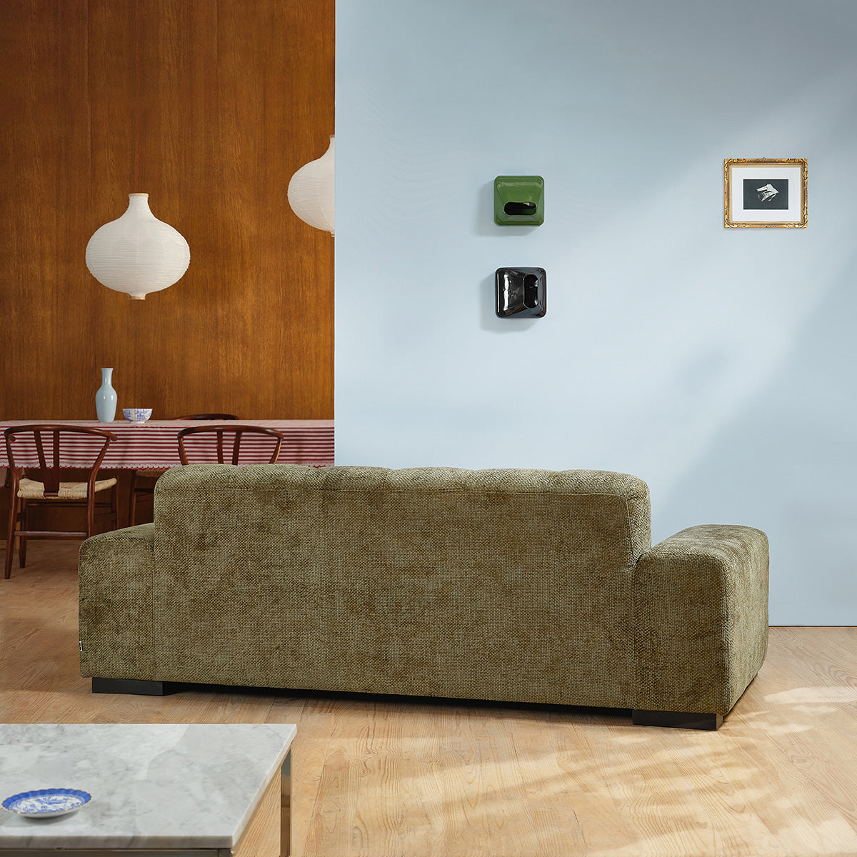 ALPHONSE - Gerades 3-Sitzer-Sofa aus khakifarbenem Geflechtvelours