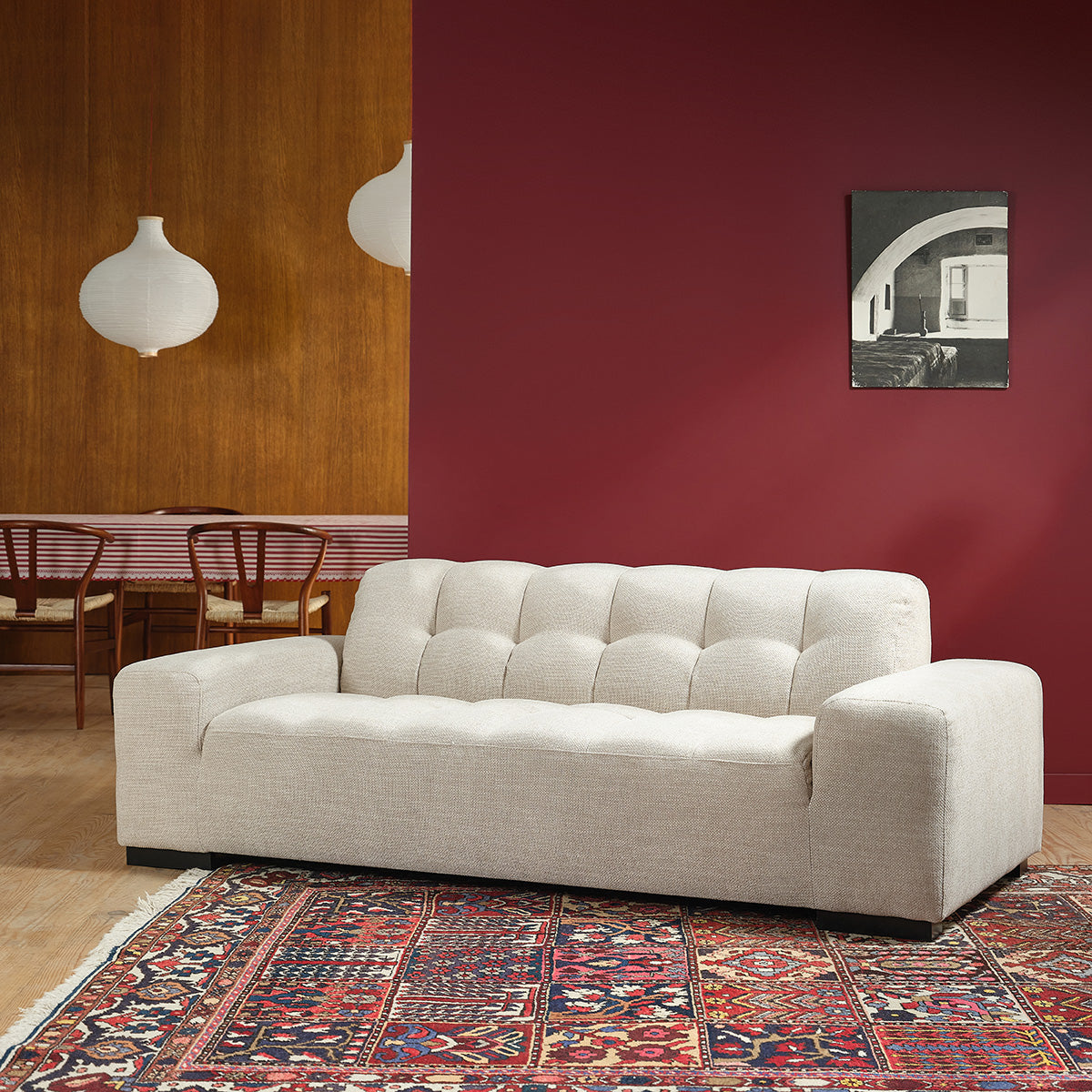ALPHONSE - Gerades 3-Sitzer-Sofa aus beige meliertem Strukturstoff