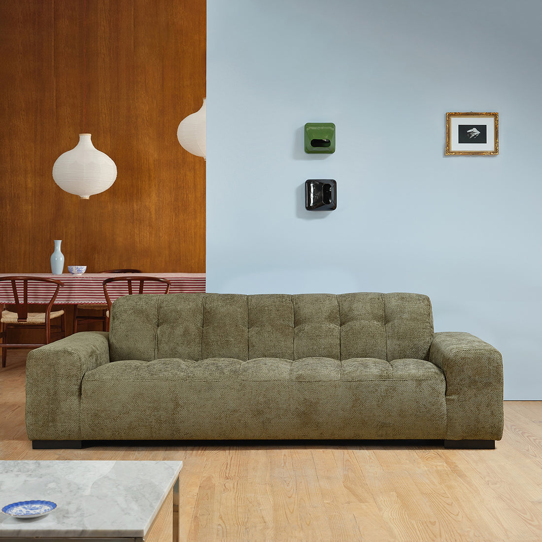 ALPHONSE - Gerades 4-Sitzer-Sofa aus khakifarbenem Geflechtvelours