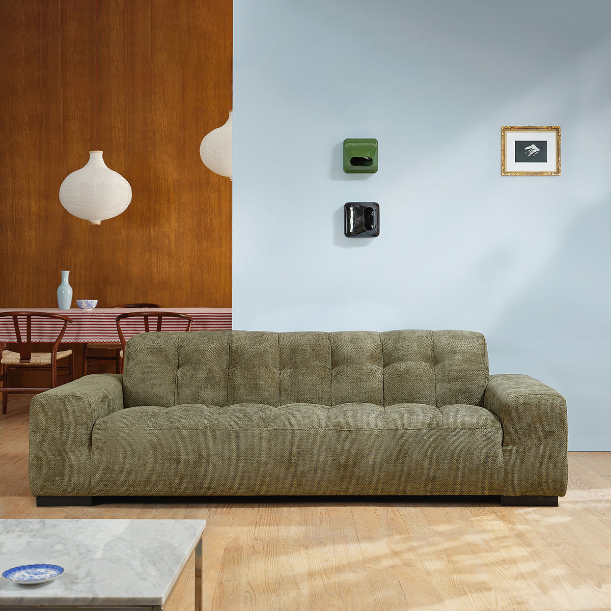 ALPHONSE - Gerades 4-Sitzer-Sofa aus khakifarbenem Geflechtvelours