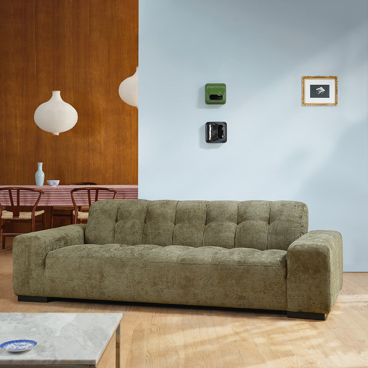 ALPHONSE - Gerades 4-Sitzer-Sofa aus khakifarbenem Geflechtvelours