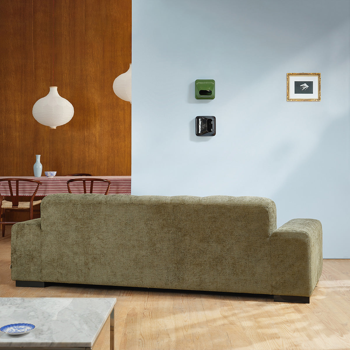 ALPHONSE - Gerades 4-Sitzer-Sofa aus khakifarbenem Geflechtvelours