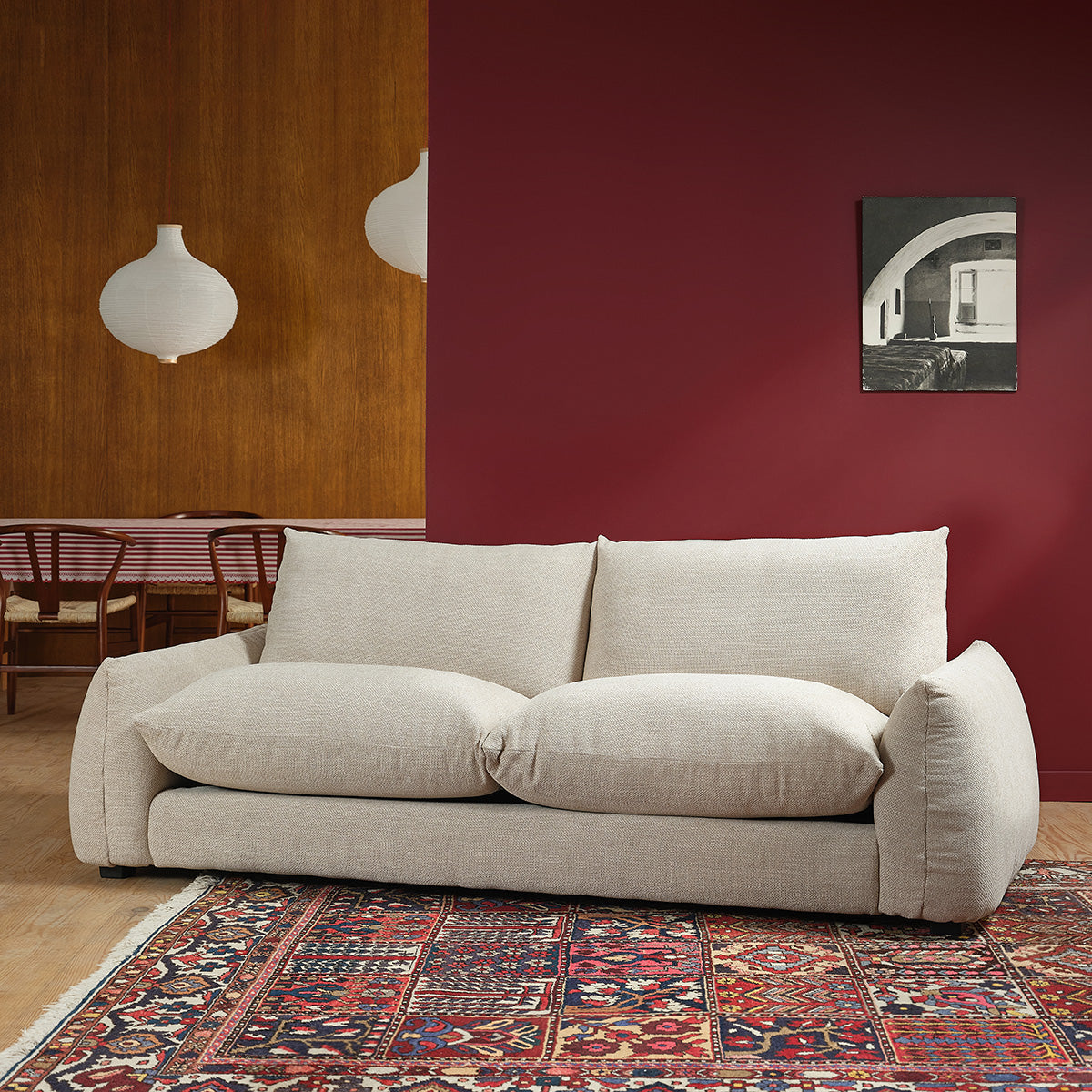 JACQUES - Gerades 3-Sitzer-Sofa aus beigem meliertem Strukturstoff