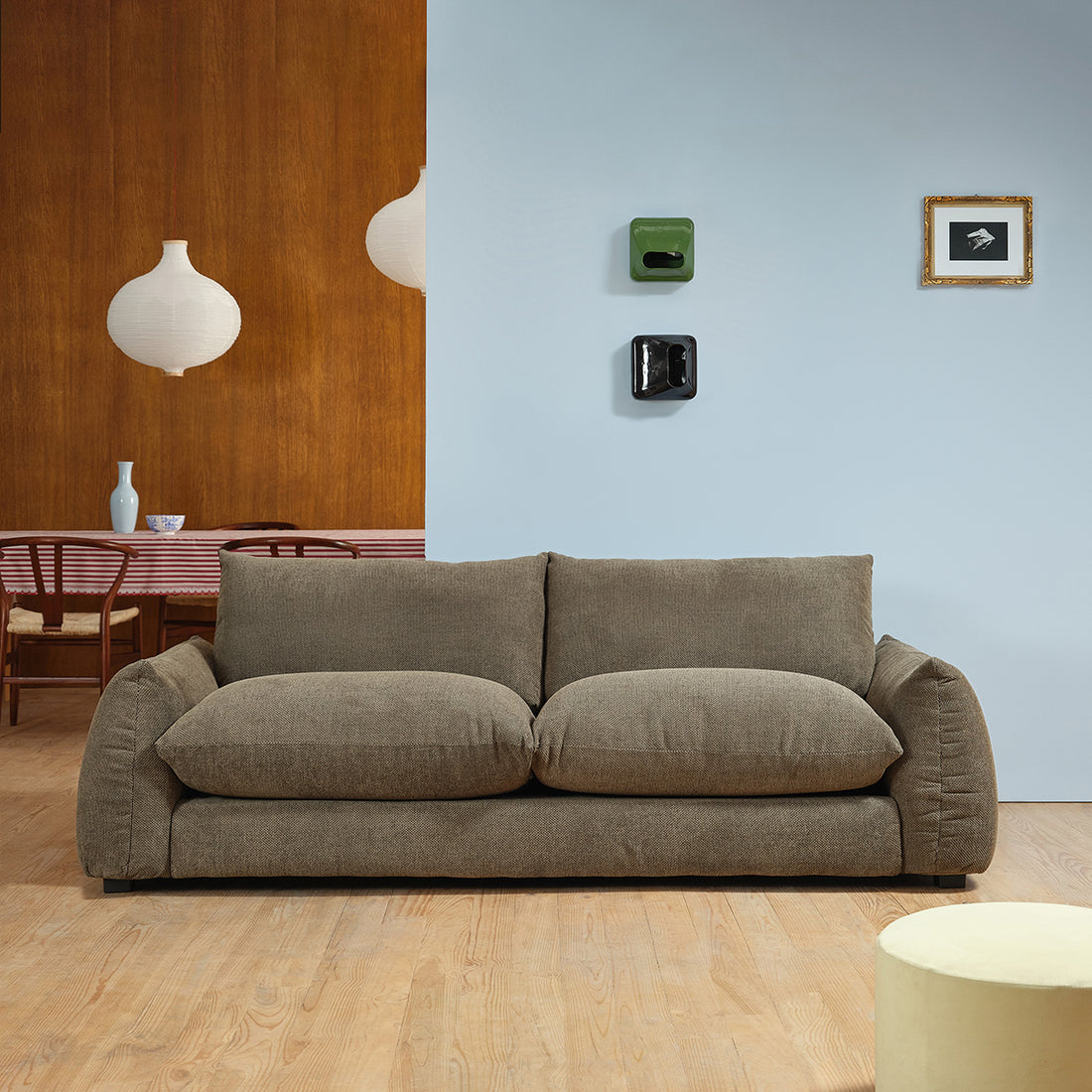 JACQUES - Gerades 3-Sitzer-Sofa aus khakifarbenem meliertem Strukturstoff