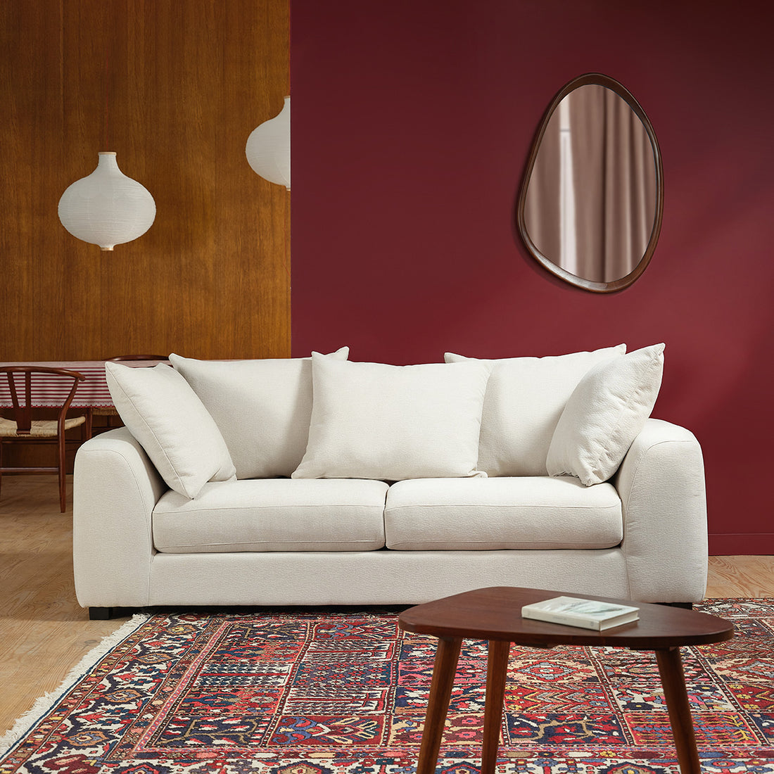 EDMOND - Gerades 3-Sitzer-Sofa aus ecrufarbenem Stoff in Leinenoptik