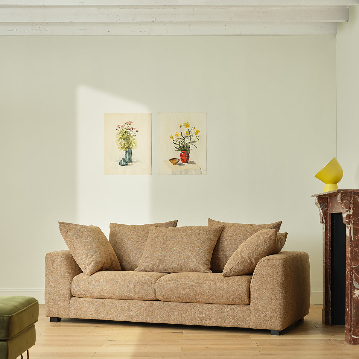 EDMOND - Gerades 3-Sitzer-Sofa aus meliertem, hellbraunem Strukturstoff